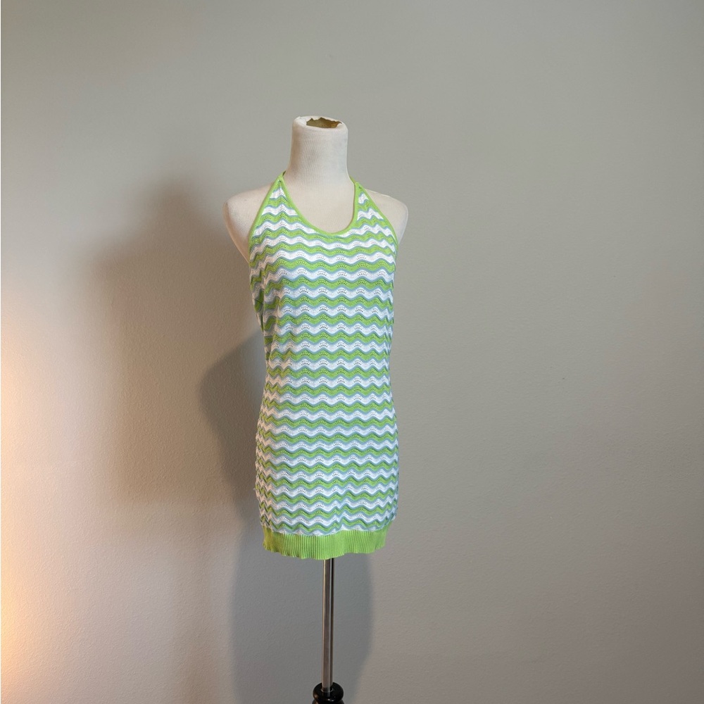 Sunset Girlie Crochet Chevron Sweater Dress / Halter neck / size L - Picture 5 of 8